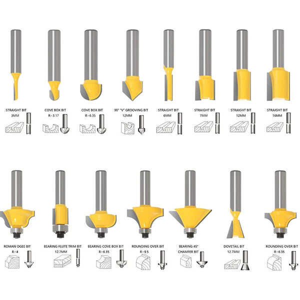 15 Piece Router Bit Set - 1/4 inch Shank